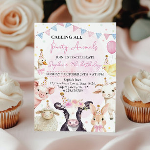 Rosa Barnyard Boskap Girl Birthday Inbjudningar