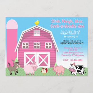 Rosa barnyard-födelsedagsinbjudan | Farm inbjudan