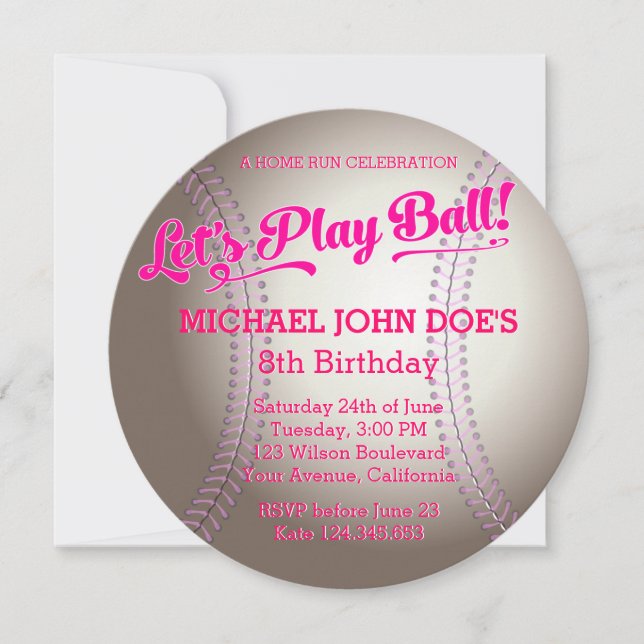 Rosa Baseball Födelsedagsfest inbjudan (Framsida)