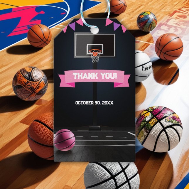 Rosa Basketball Baby Shower Party Presentetikett (Skapare uppladdad)