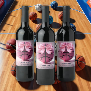 Rosa Basketball Ribbon Bow Boll Baby Shower Vinflaska Etikett