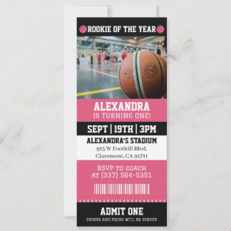 Rosa basketbollbiljett 1-års födelsedagsfest inbjudningar