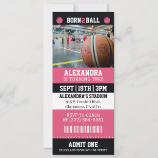 Rosa basketbollbiljett 2-års födelsedagsfest inbjudningar