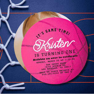 Rosa basketbollsflicka Foto 1-årsdag Cirkel Inbjudningar