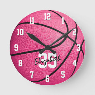 Rosa basketbollsflickor rumsdekaler personlig rund klocka