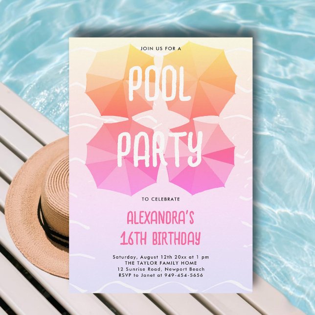 Rosa Bassäng Födelsedagsfest Umbrellas Coola Sweet Inbjudningar (pink sweet 16 pool party invitations ideas modern umbrellas pattern chic cute cool fun teen elegant)