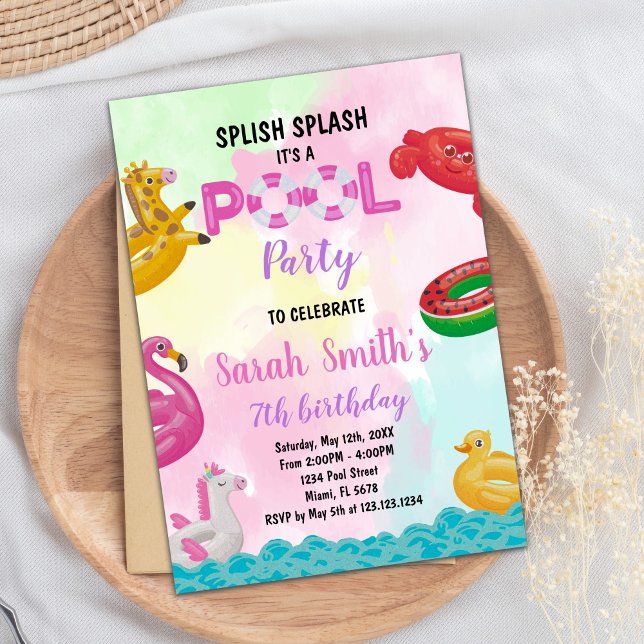 Rosa Bassäng födelsedagsinbjudningar Inbjudningar (Pink Pool Birthday Invitations)