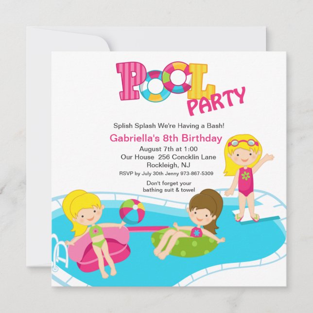 Rosa Bassäng Party Alla flickor, födelsedagsinbjud Inbjudningar (Framsida)