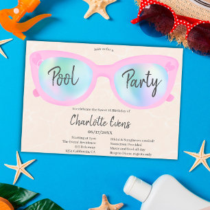 Rosa bassäng party holografiskt glas, sötat 16 inbjudningar