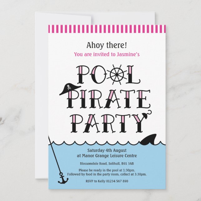 Rosa Bassäng Party Pirat,, födelsedagen Inbjudan (Framsida)
