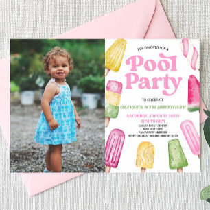 Rosa Bassäng Party Popsicle Bild Födelsedagsfest Inbjudningar