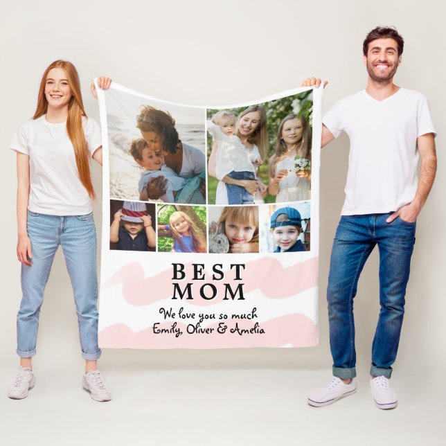 Rosa Bästa Mamma vattenfärg 6 Fotokollage Fleecefilt (På plats)