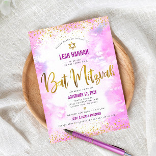 Rosa Bat mitzvah guldfärgad vattenfärgsmodern Mode Inbjudningar