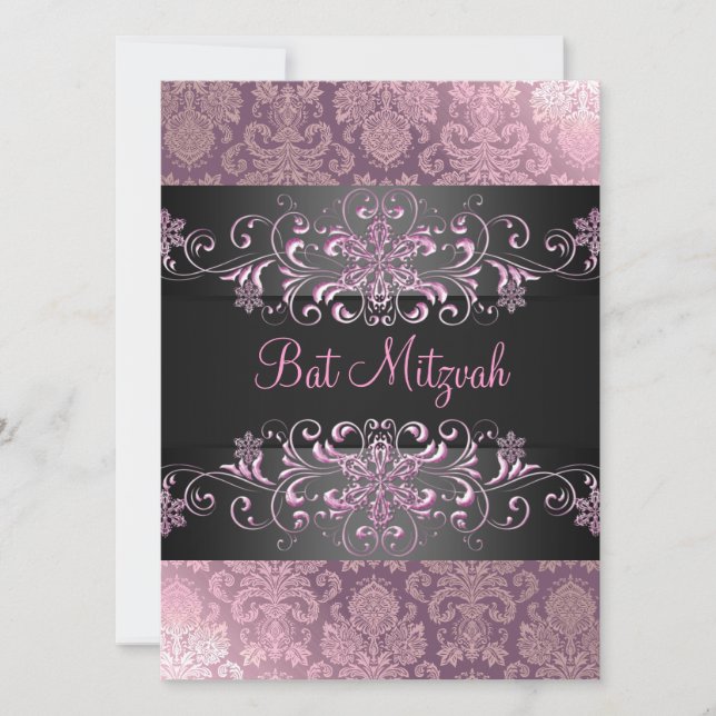Rosa Bat Mitzvah Snö & Damask Födelsedagsinbjudan Inbjudningar (Framsida)