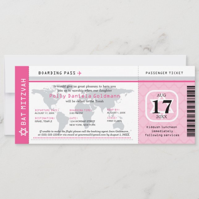 Rosa Bat mitzvah World Traveler Boarding Pass Inbjudningar (Framsida)