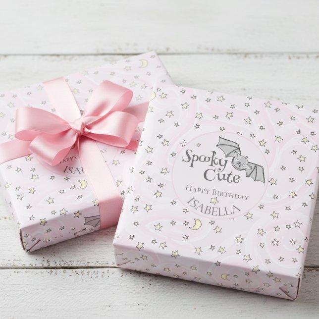 Rosa Batty, Stars & Måne Spooky Cute Presentpapper (Pink & Black Spooky Cute Bats Wrapping Paper for Halloween Birthday Party & Kids October Birthday)