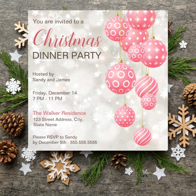 Rosa baubles grått pastel färg bakgrund inbjudningar (Pink baubles grey pastel colors background Christmas dinner party editable template invitation)