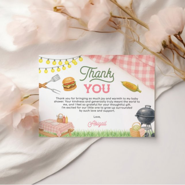 Rosa BBQ Baby Shower 5 x 3,5 Tack Kort (Pink BBQ Baby Shower 5x3.5 Thank You Card)