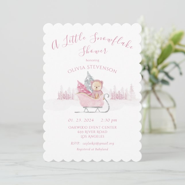 Rosa Bear a Little Snowflake Baby Shower Inbjudningar (Stående Fram)