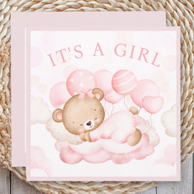 Rosa Bear-annons-kort för flicka (Baby Girl Pink Bear Announcement Card)