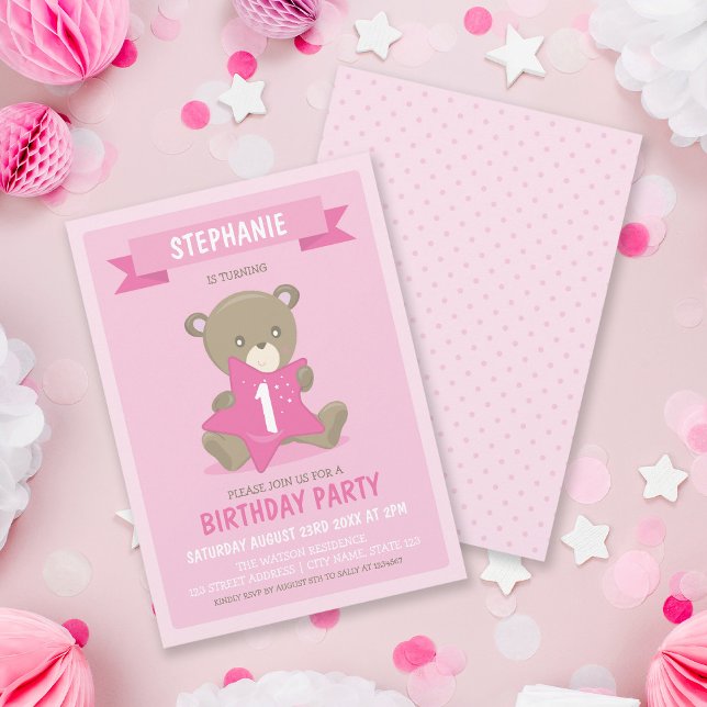 Rosa Bear any age or first Birthday Call Inbjudningar (Skapare uppladdad)