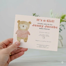 Rosa Bear Baby Shower "det är en tjej"-inbjudan Inbjudningar
