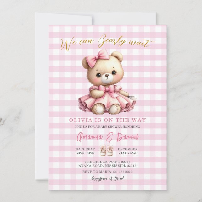 Rosa Bear Baby Shower Gingham kan vänta Inbjudningar (Framsida)