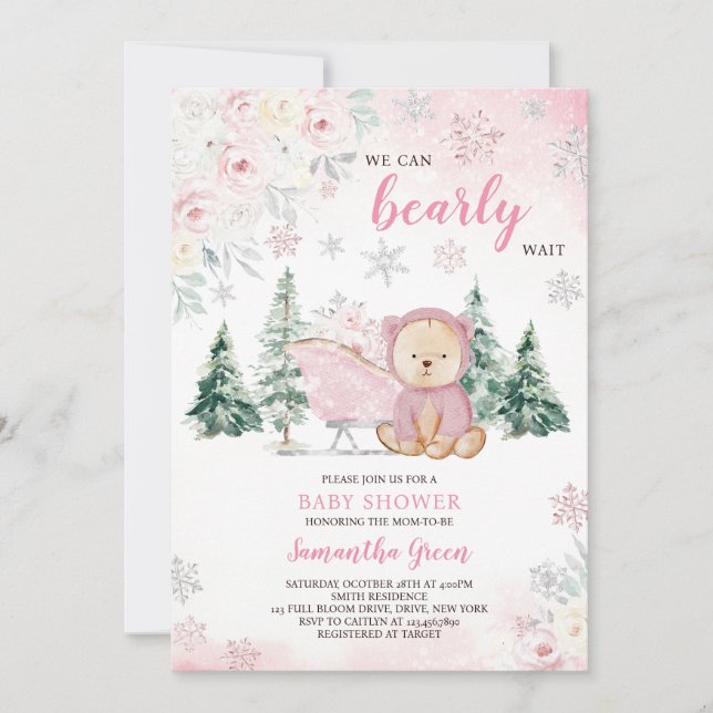Rosa Bear Baby Shower Inbjudningar (Framsida)