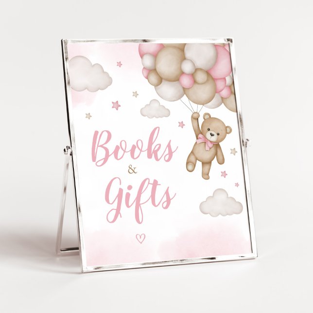 Rosa Bear Balloon Baby Shower Bokar och presenter Poster (Girl Bear Baby Shower Books and Gifts Sign)
