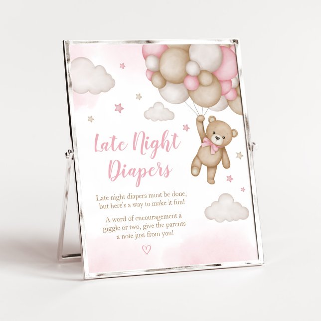 Rosa Bear Balloon Baby Shower Late Night Diables Poster (Girl Bear Baby Shower Late Night Diapers Sign)