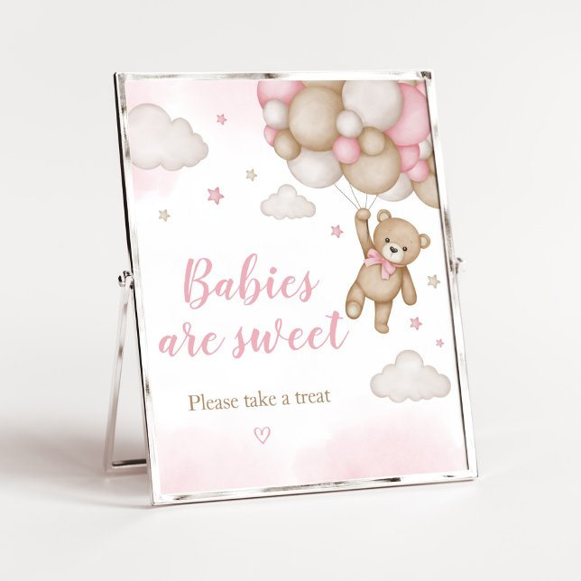 Rosa Bear Balloon Baby Shower Spädbarn är Sweet Poster (Girl Bear Baby Shower Babies are Sweet Sign)