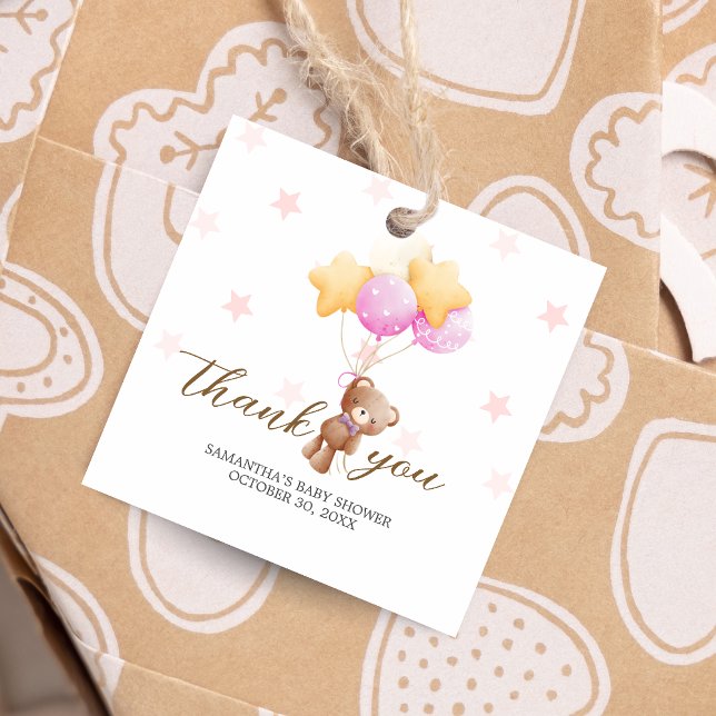 Rosa Bear Balloon Baby Shower Square Gåvor Etiketter (Girl We Can Bearly Wait Balloon Baby Shower Favor Tags)