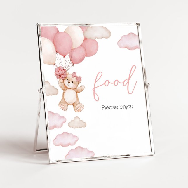 Rosa Bear Balloon Barly Wait Baby Shower Food Poster (Pink Baby Bear Balloon Baby Shower Food Sign)
