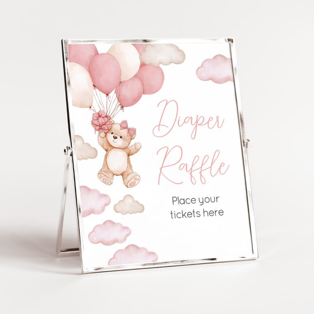 Rosa Bear Balloon Barly Wait Diaper Raffle Poster (Pink Baby Bear Balloon Baby Shower Diaper Raffle Sign)