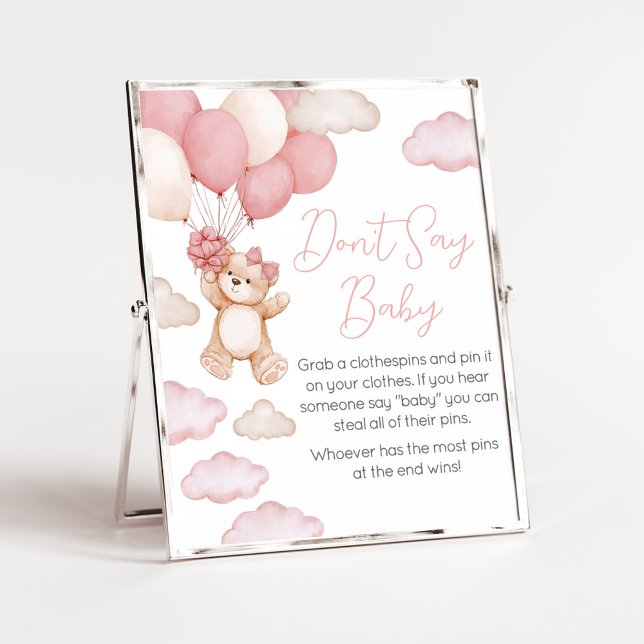 Rosa Bear Balloon Barly Wait Säg inte Baby Poster (Pink Baby Bear Balloon Baby Shower Don't Say Baby Sign)