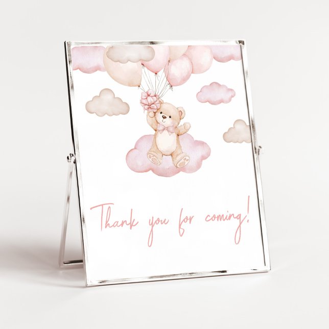 Rosa Bear Balloon Tack för att du kom Poster (Pink Baby Bear Balloon Baby Shower Thank you for Coming Sign)
