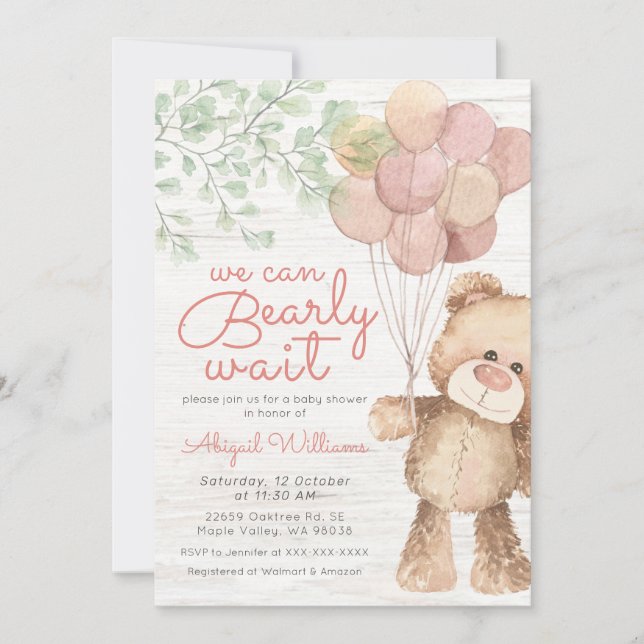 rosa Bear Balloons, Baby Shower Inbjudningar (Framsida)