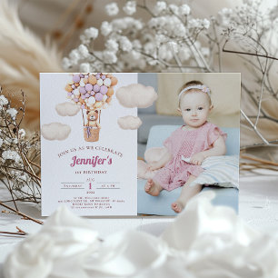 Rosa Bear Balloons First Birthday Girl-inbjudan Inbjudningar