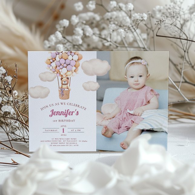 Rosa Bear Balloons First Birthday Girl-inbjudan Inbjudningar (Skapare uppladdad)
