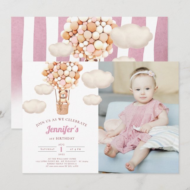 Rosa Bear Balloons First Birthday Girl-inbjudan Inbjudningar (Fram/baksida)