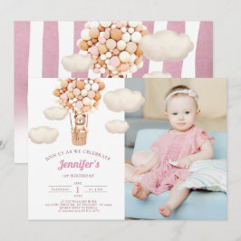 Rosa Bear Balloons First Birthday Girl-inbjudan Inbjudningar