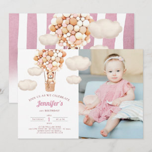 Rosa Bear Balloons First Birthday Girl-inbjudan Inbjudningar