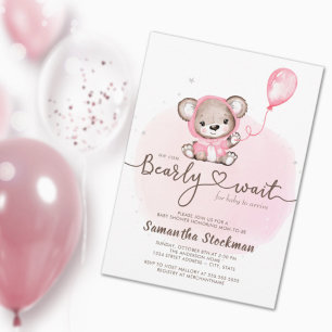 Rosa Bear Barly Wait Baby Shower Inbjudningar