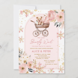 Rosa Bear Barnvagn Girl Barly Wait Baby Shower Inbjudningar