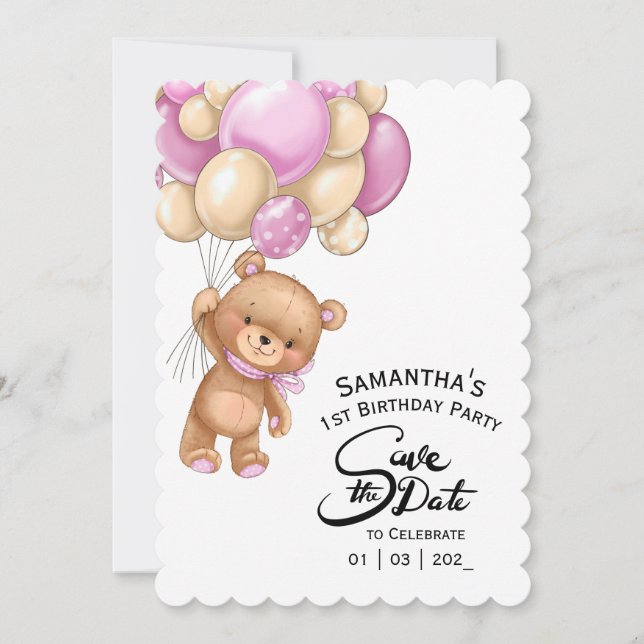 Rosa Bear Birthday Girl Inbjudningar (Framsida)