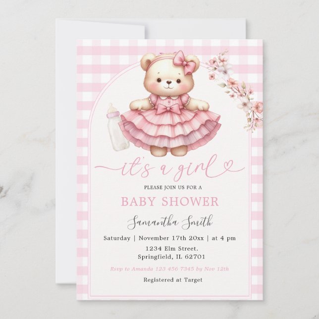 Rosa Bear Flaska Baby Shower Girl Rosa Gingham Inbjudningar (Framsida)