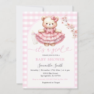 Rosa Bear Flaska Baby Shower Girl Rosa Gingham Inbjudningar