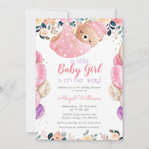 Rosa Bear Girl på hennes väg, Blommigt Baby Shower Inbjudningar