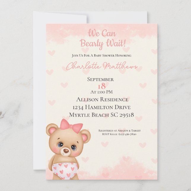 Rosa Bear Heares vi kan bota vänta på babyskor Inbjudningar (Framsida)