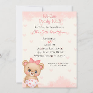 Rosa Bear Heares vi kan bota vänta på babyskor Inbjudningar
